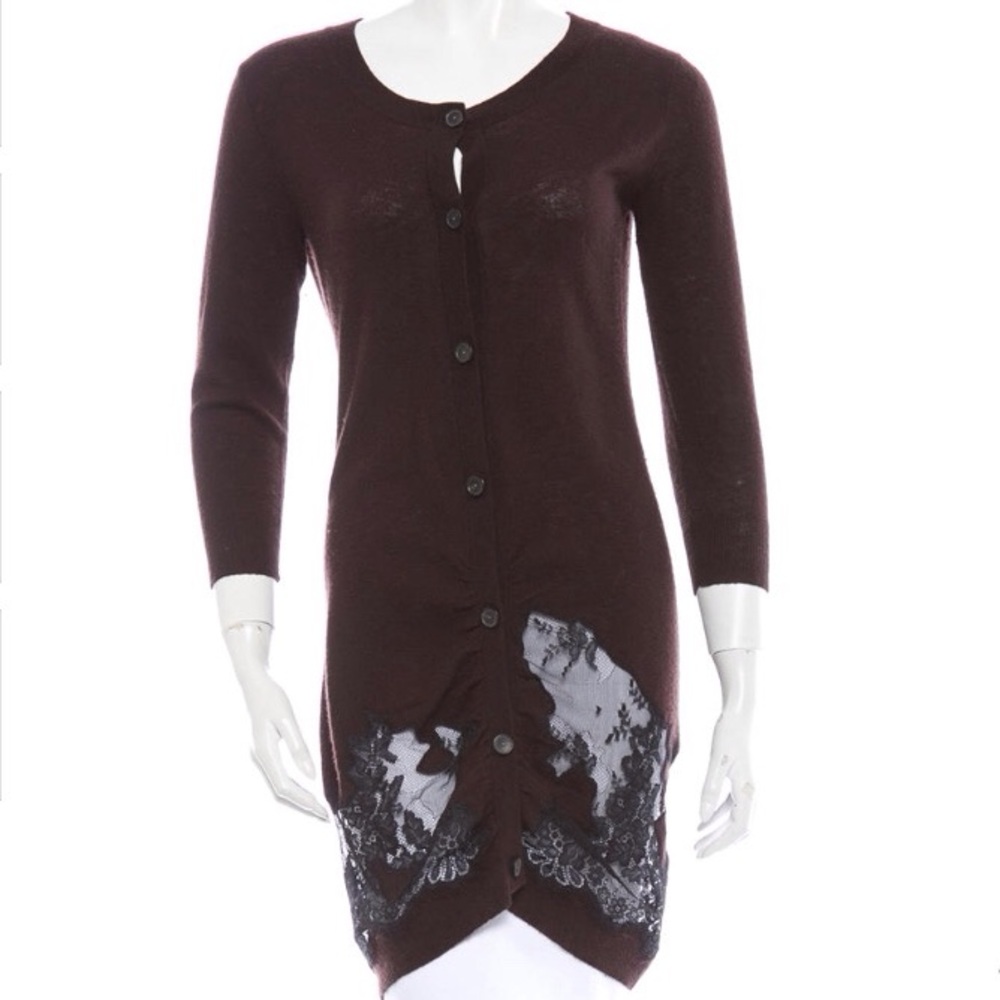 3.1 Phillip Lim Brown Long Button-Up Cardigan with Lace Detail